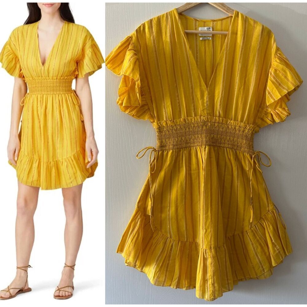 Saylor‎ Womens Adrianne Ruffle-Sleeve Yellow Stripes Smocked Mini Dress Sz Small